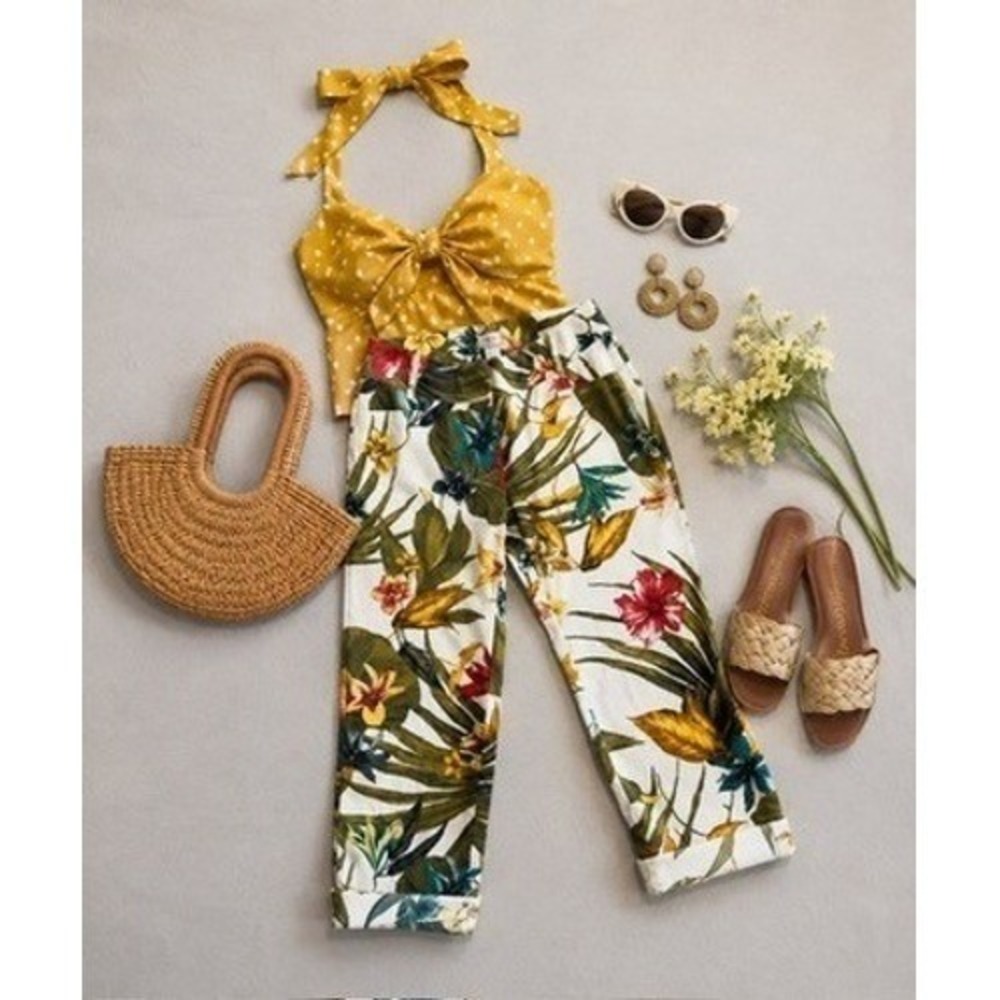 Cache Vintage Y2K Tropical Floral Print Cropped Pants Cotton Stretch Size 2